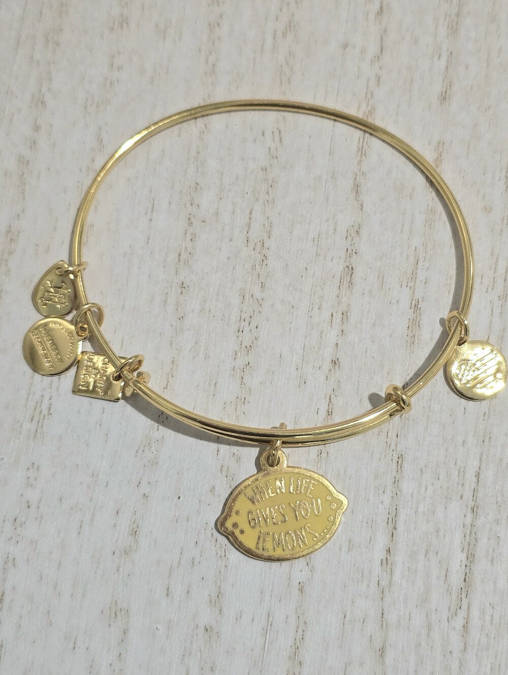 Alex and Ani Gold Tone Charm Bangle with Lemon Motto